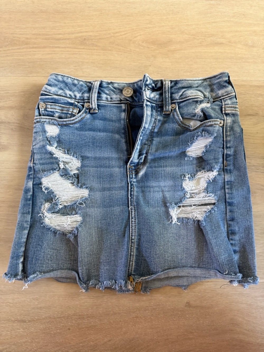 American Eagle Outfitters Light Blue Distressed Denim Mini Skirt